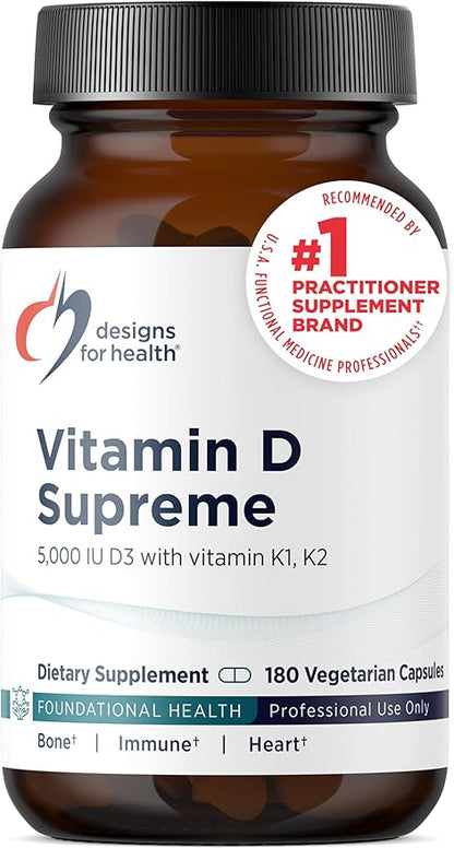 Designs for Health Vitamin D Supreme - Vitamin D 5000 IU with 2000mcg Vitamin K as MK4 for Bone Health, Heart Health, Mood & Immune Support - Vitamin D3 Enhanced with GG Supplement (60 Capsules)