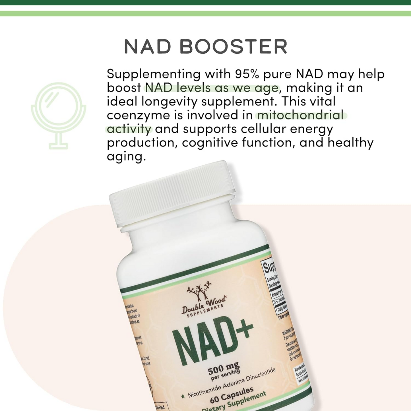 Double Wood Supplements NAD Anti Aging & Cell Regeneration | 500mg of 95% Pure NAD+ Per Serving, 30 Day Supply | Similar to Nicotinamide Riboside | Third Party Tested, Vegan Safe, Non-GMO