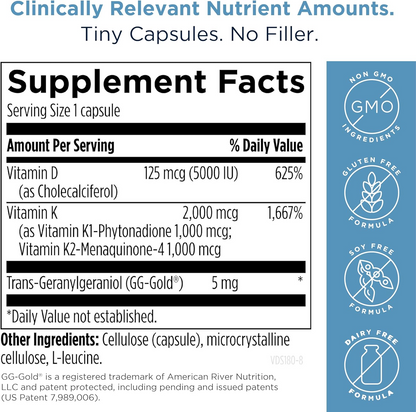 Designs for Health Vitamin D Supreme - Vitamin D 5000 IU with 2000mcg Vitamin K as MK4 for Bone Health, Heart Health, Mood & Immune Support - Vitamin D3 Enhanced with GG Supplement (60 Capsules)