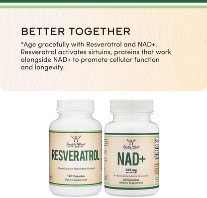 Double Wood Supplements NAD Anti Aging & Cell Regeneration | 500mg of 95% Pure NAD+ Per Serving, 30 Day Supply | Similar to Nicotinamide Riboside | Third Party Tested, Vegan Safe, Non-GMO