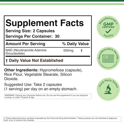 Double Wood Supplements NAD Anti Aging & Cell Regeneration | 500mg of 95% Pure NAD+ Per Serving, 30 Day Supply | Similar to Nicotinamide Riboside | Third Party Tested, Vegan Safe, Non-GMO